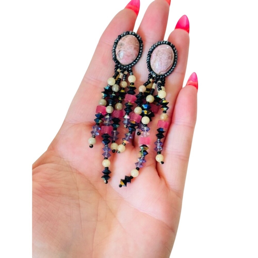 VTG waterfall Beaded Earrings Pink Rhodonite Glass beads Dangle Clip 80s 3.25"